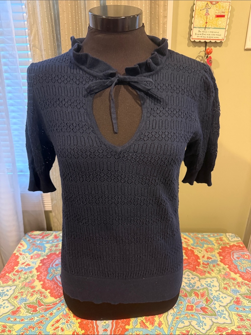 LOFT Pointelle Navy Tie Neck Short Sleeved Sweater